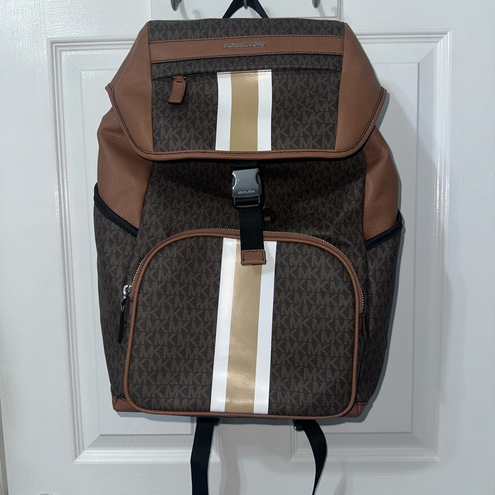 Michael Kors Brown, White and Gold Logo Stripe Backpack